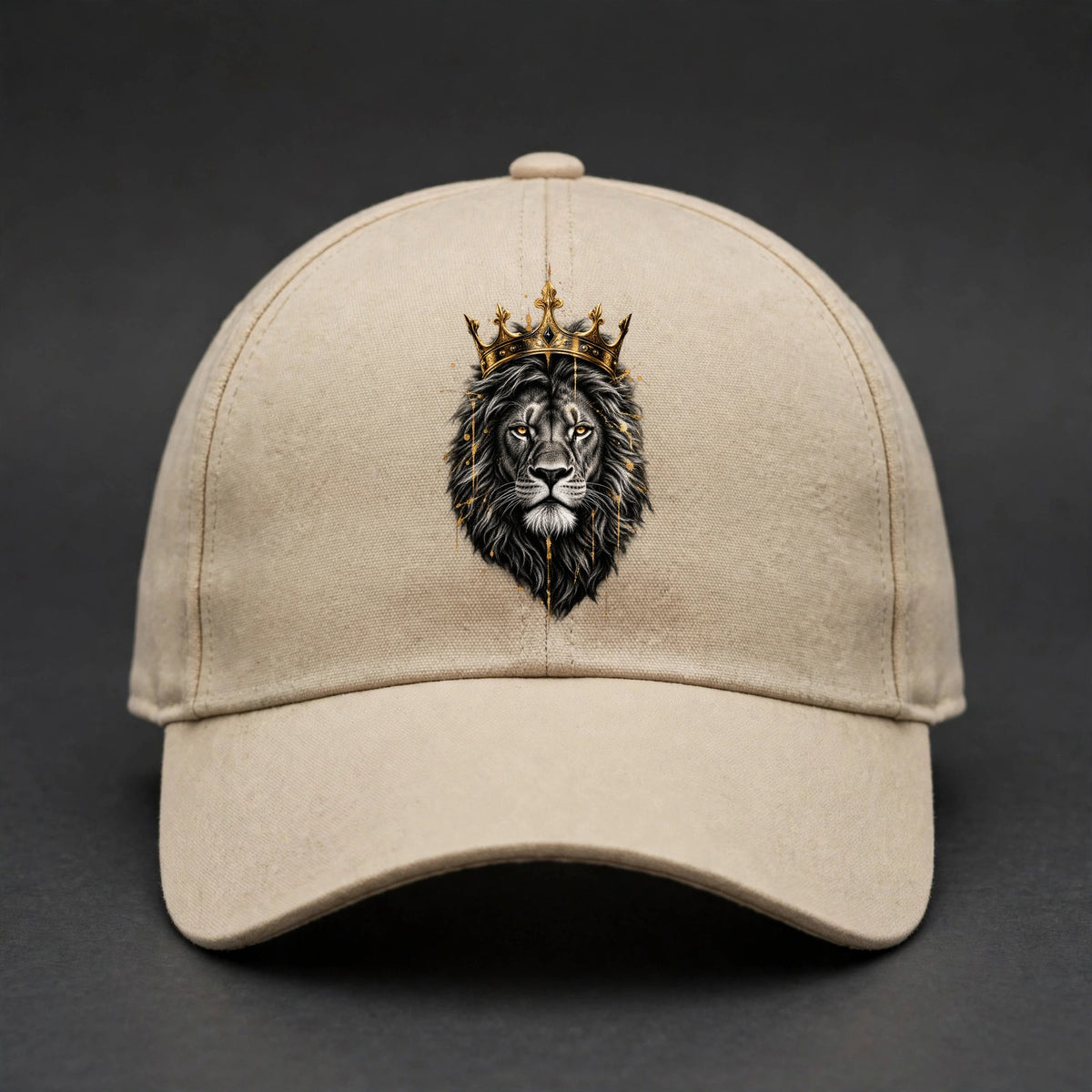 Crowned Lion Fitted Cap - Gold King Lion Flexfit Closed Back Hat - Sand