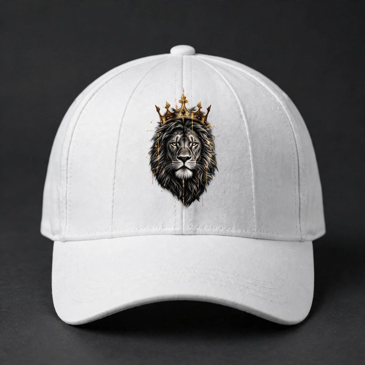 Crowned Lion Fitted Cap - Gold King Lion Flexfit Closed Back Hat - White