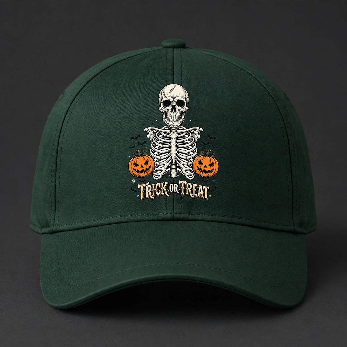 Trick or Treat Skeleton Fitted Cap - Skeleton Ribcage Flexfit Closed Back Hat - Forest Green