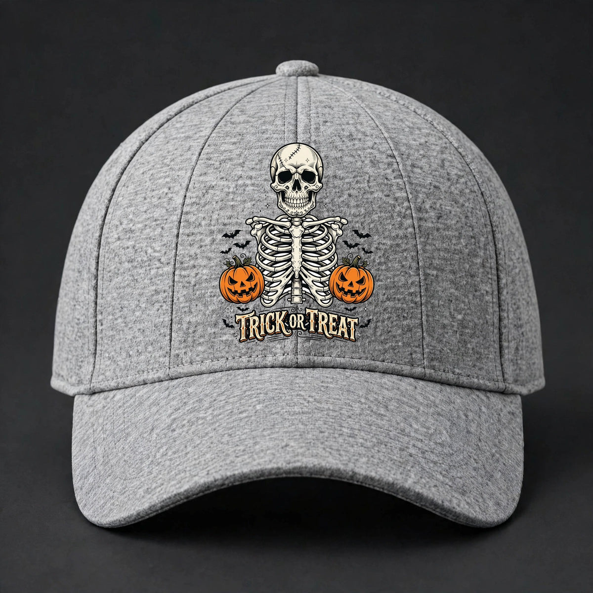 Trick or Treat Skeleton Fitted Cap - Skeleton Ribcage Flexfit Closed Back Hat - Heather Grey