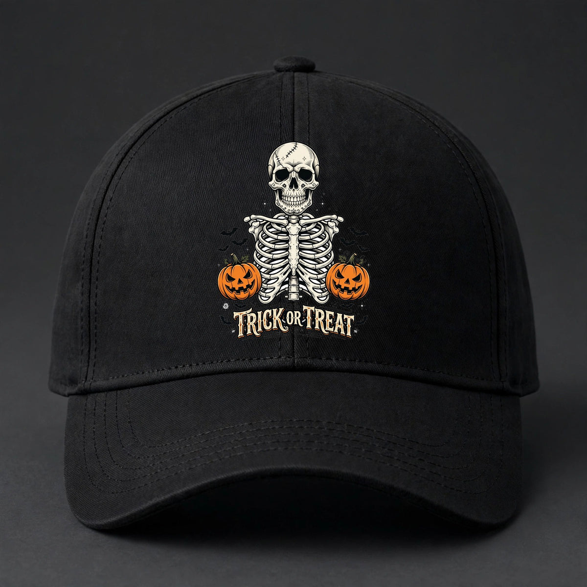 Trick or Treat Skeleton Fitted Cap - Skeleton Ribcage Flexfit Closed Back Hat - Main view
