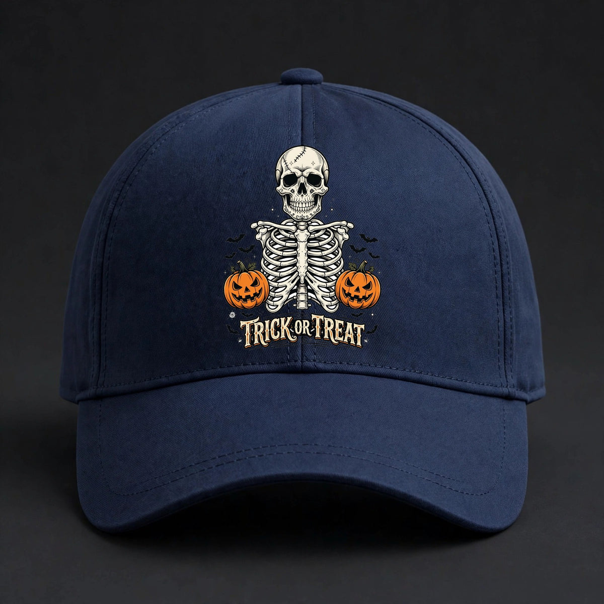 Trick or Treat Skeleton Fitted Cap - Skeleton Ribcage Flexfit Closed Back Hat - Navy