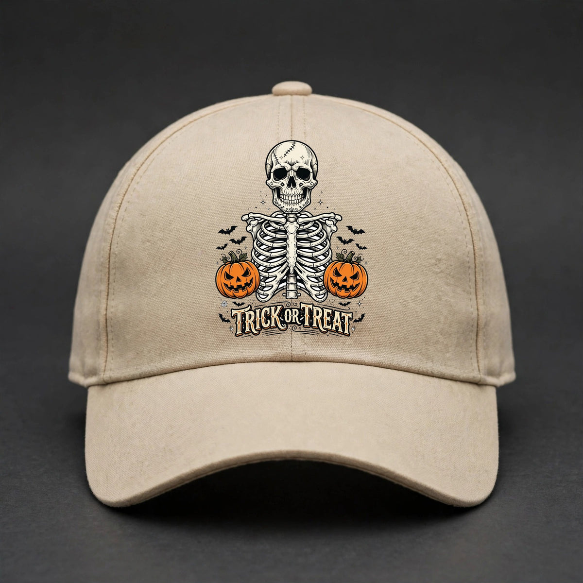 Trick or Treat Skeleton Fitted Cap - Skeleton Ribcage Flexfit Closed Back Hat - Sand