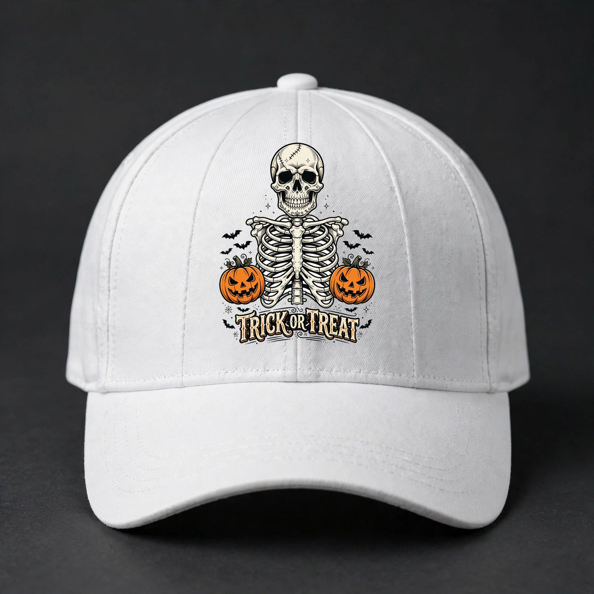 Trick or Treat Skeleton Fitted Cap - Skeleton Ribcage Flexfit Closed Back Hat - White