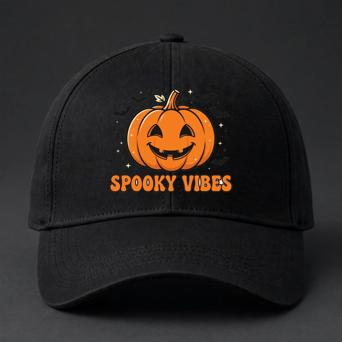 Spooky Vibes Fitted Cap - Jack-O'-Lantern Flexfit Closed Back Hat - Black