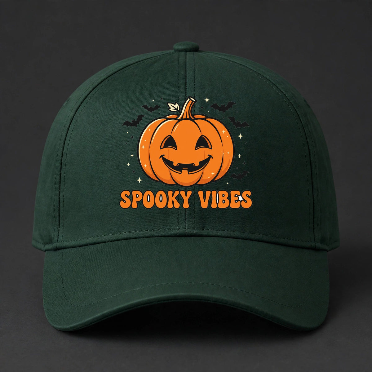 Spooky Vibes Fitted Cap - Jack-O'-Lantern Flexfit Closed Back Hat - Forest Green