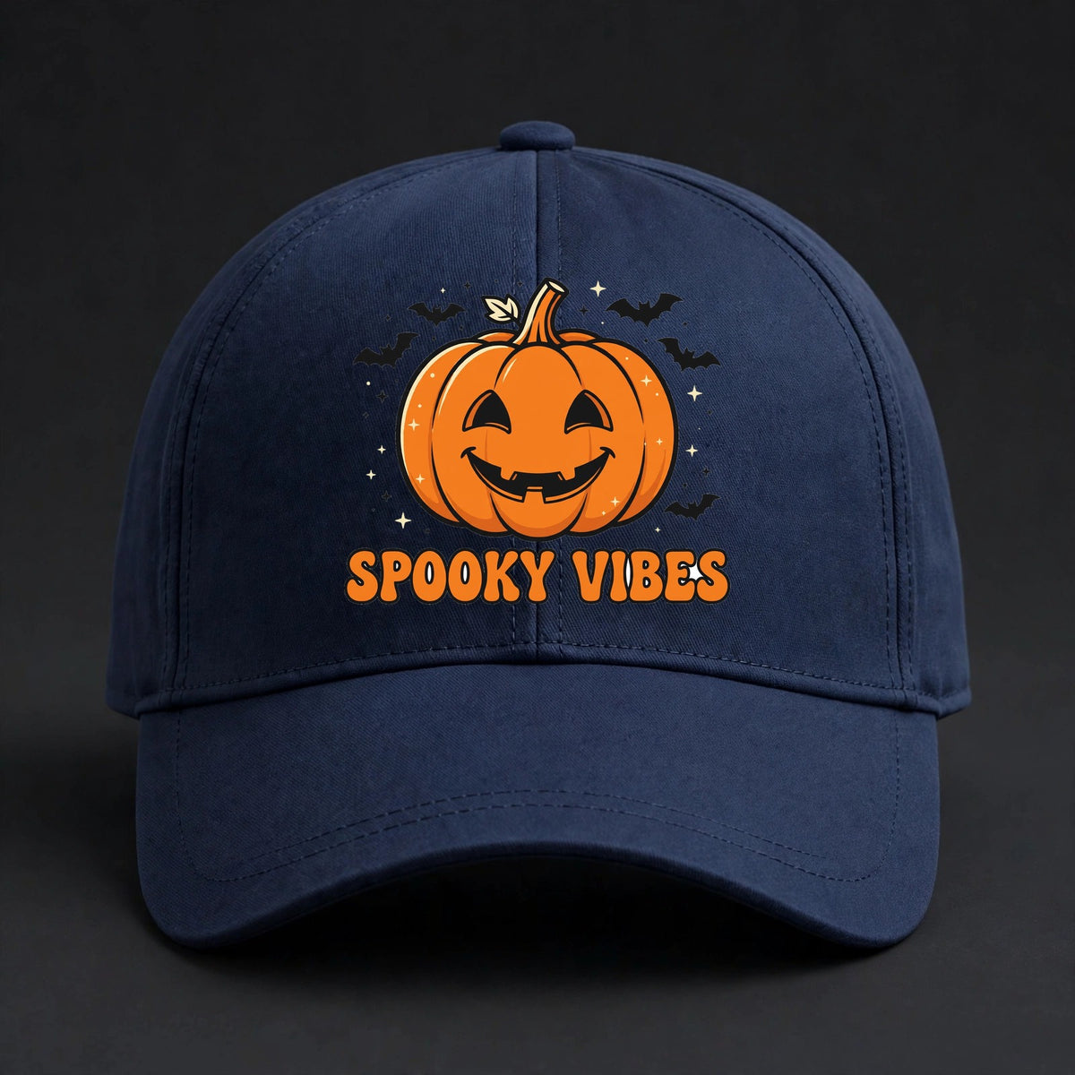 Spooky Vibes Fitted Cap - Jack-O'-Lantern Flexfit Closed Back Hat - Navy