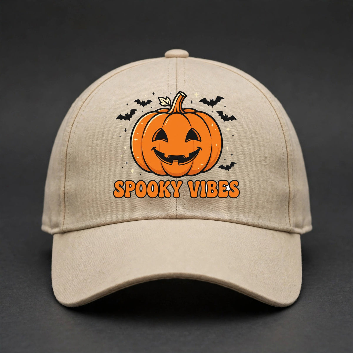 Spooky Vibes Fitted Cap - Jack-O'-Lantern Flexfit Closed Back Hat - Sand