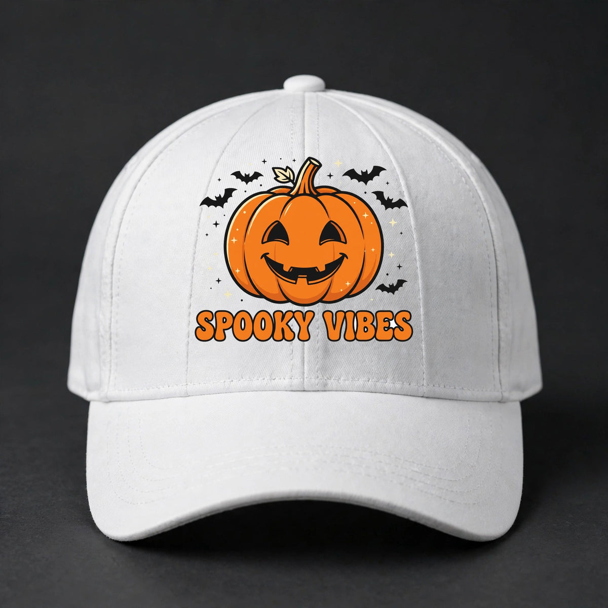 Spooky Vibes Fitted Cap - Jack-O'-Lantern Flexfit Closed Back Hat - White