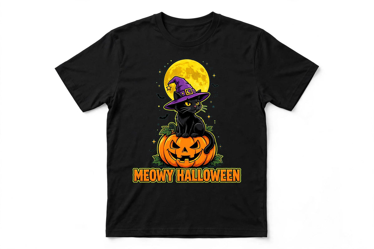 Meowy Halloween Cat T-Shirt - Witch Cat on Pumpkin Graphic Tee - Black