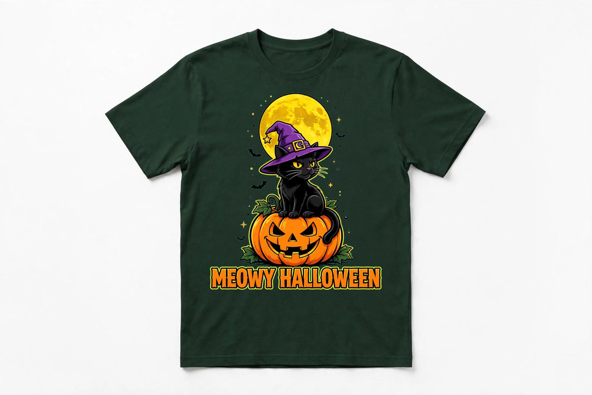 Meowy Halloween Cat T-Shirt - Witch Cat on Pumpkin Graphic Tee - Forest Green