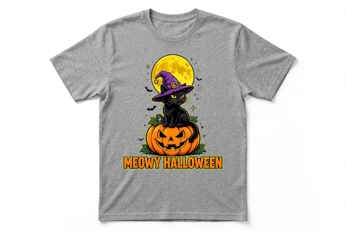 Meowy Halloween Cat T-Shirt - Witch Cat on Pumpkin Graphic Tee - Heather Grey