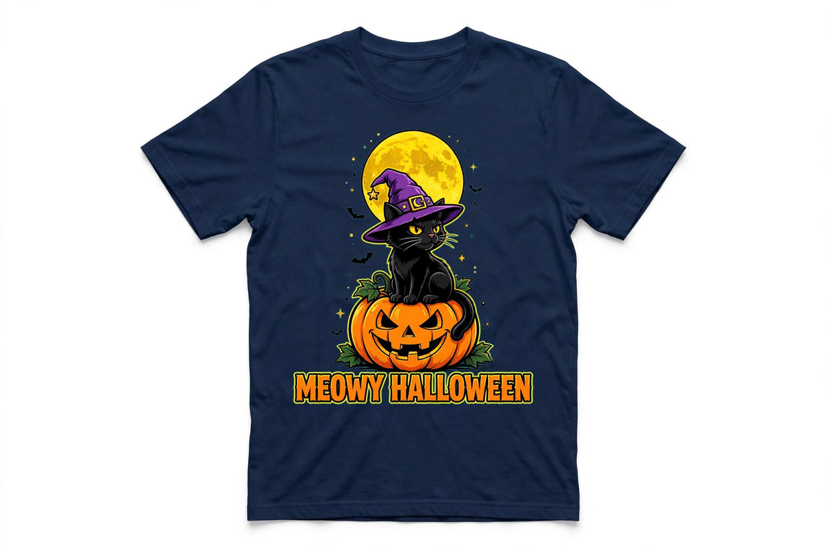 Meowy Halloween Cat T-Shirt - Witch Cat on Pumpkin Graphic Tee - Navy