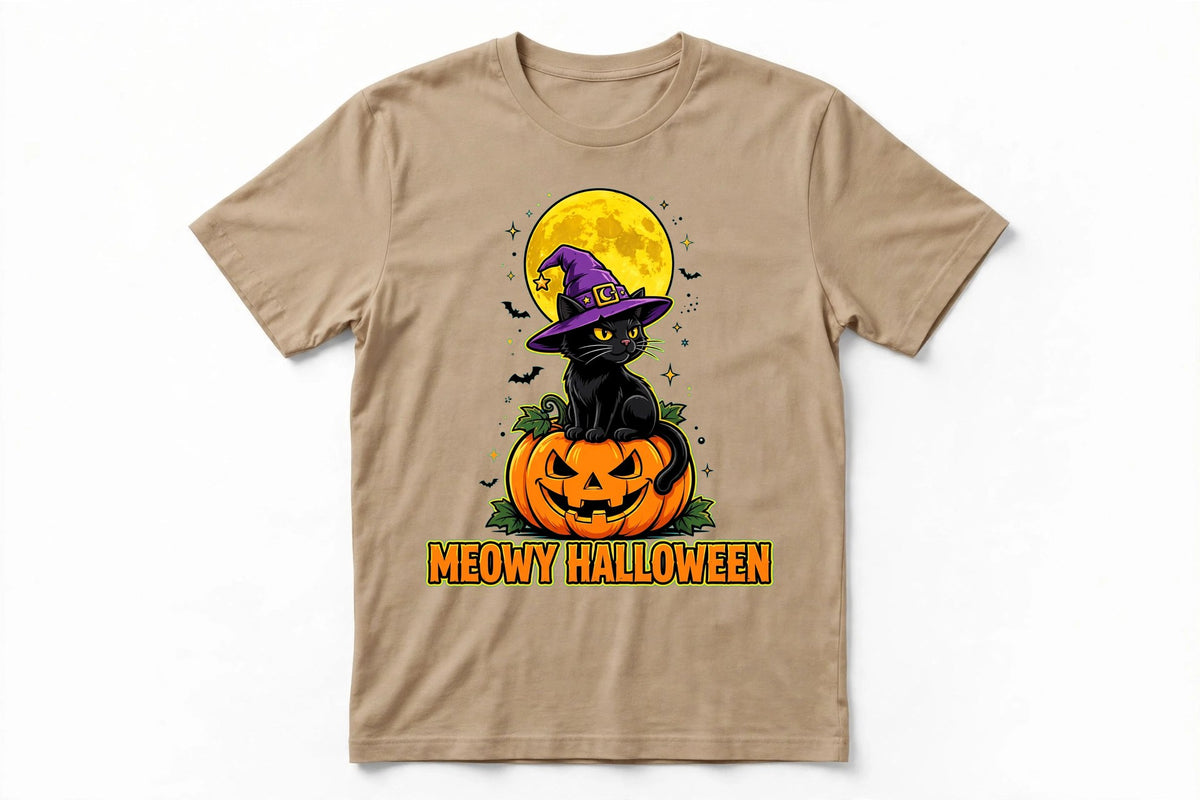 Meowy Halloween Cat T-Shirt - Witch Cat on Pumpkin Graphic Tee - Sand