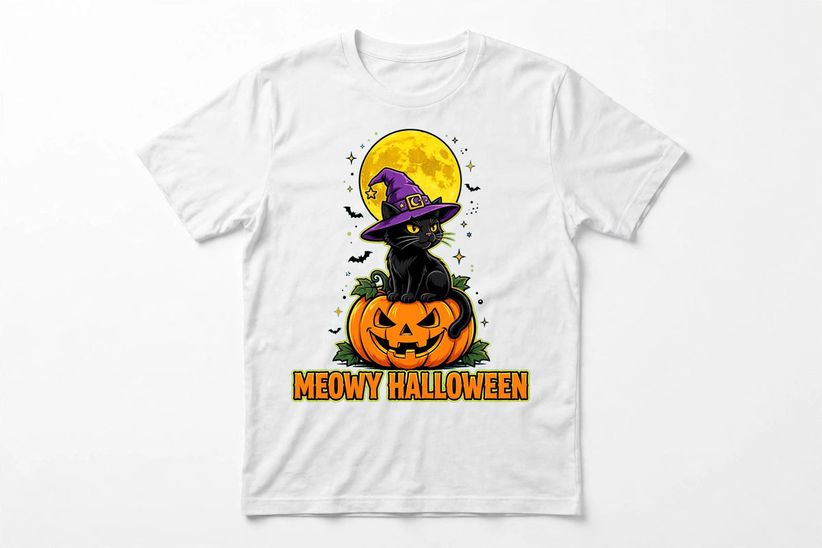Meowy Halloween Cat T-Shirt - Witch Cat on Pumpkin Graphic Tee - White