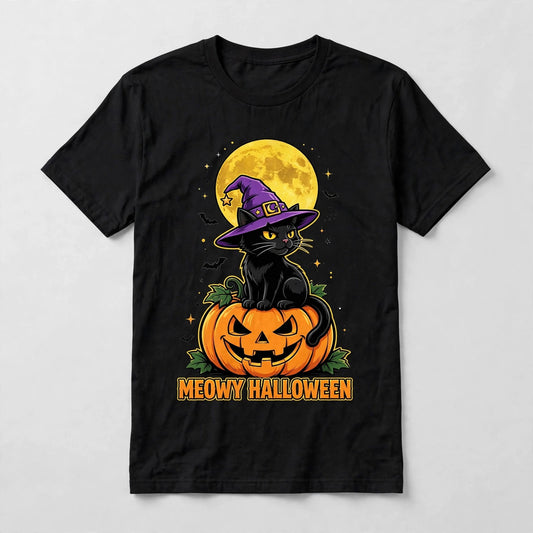 Meowy Halloween Cat T-Shirt - Witch Cat on Pumpkin Graphic Tee