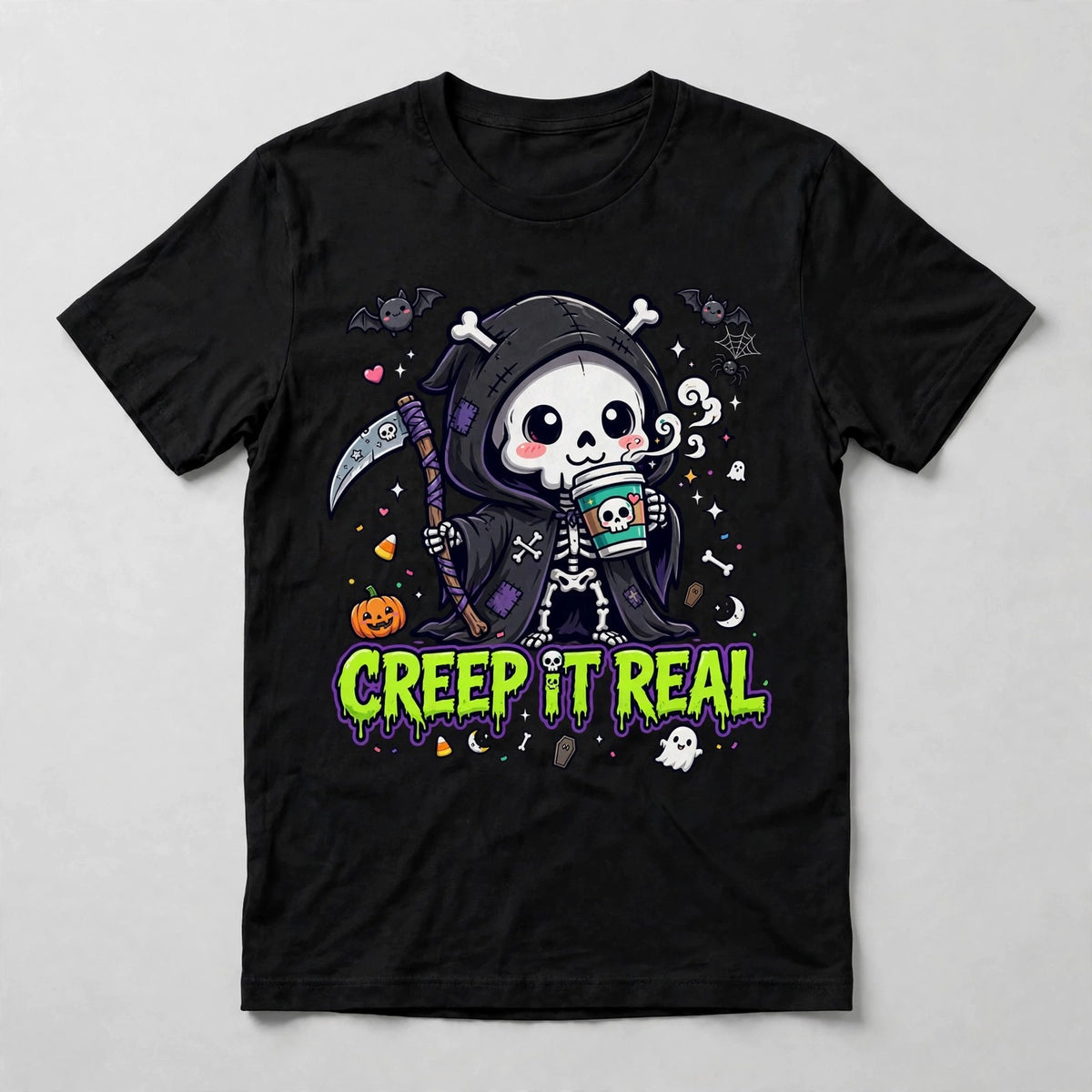 Creep It Real T-Shirt - Cute Grim Reaper Coffee Halloween Tee