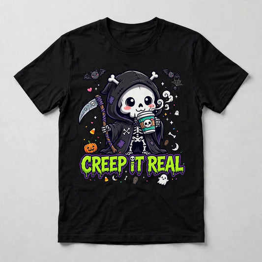 Creep It Real T-Shirt - Cute Grim Reaper Coffee Halloween Tee