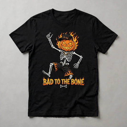 Bad to the Bone T-Shirt - Dancing Skeleton Pumpkin Halloween Tee