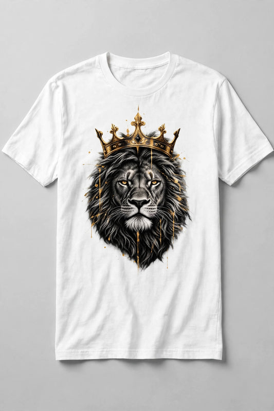 Crowned lion design on a white t-shirt