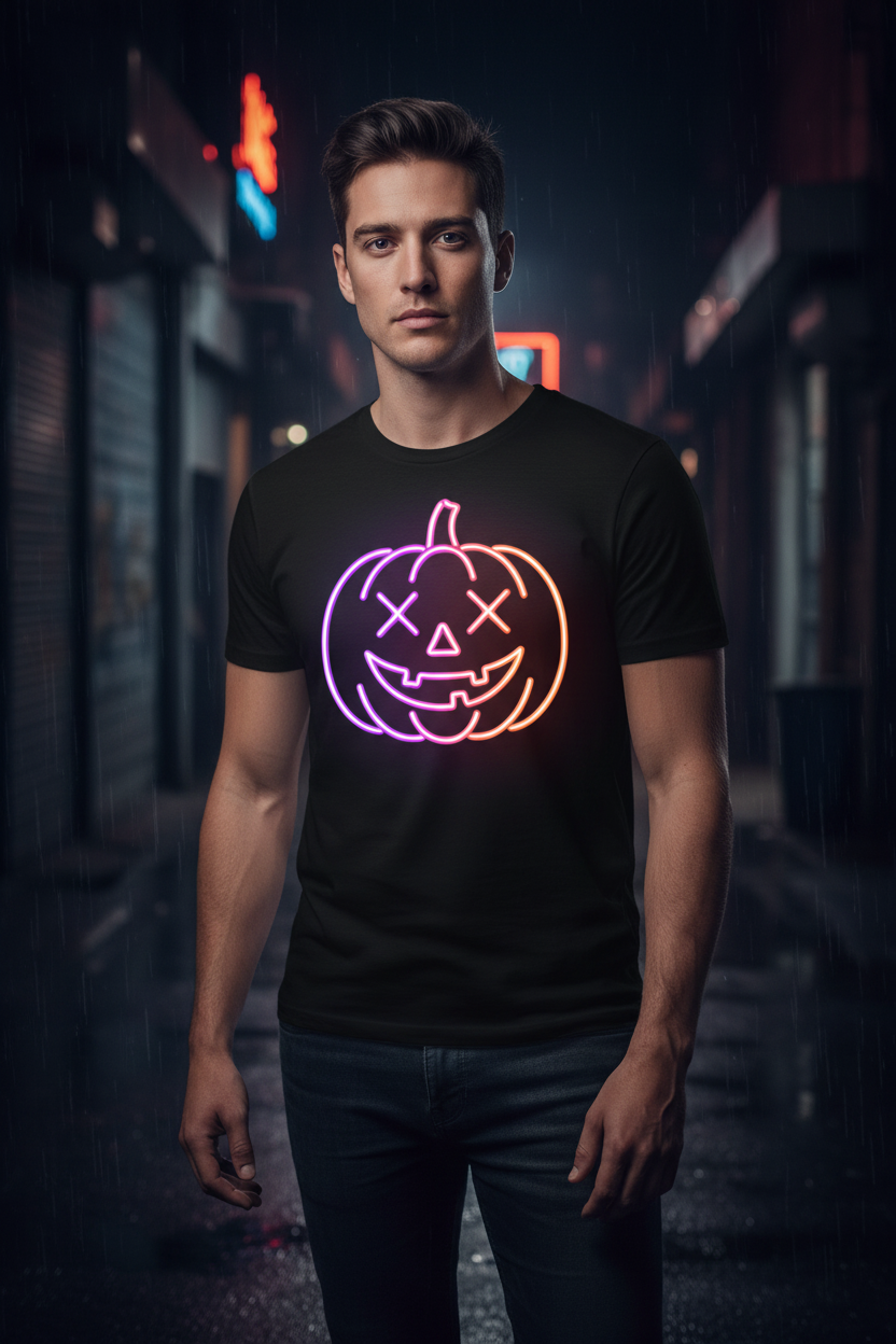 Neon Halloween Pumpkin Tee Mockup