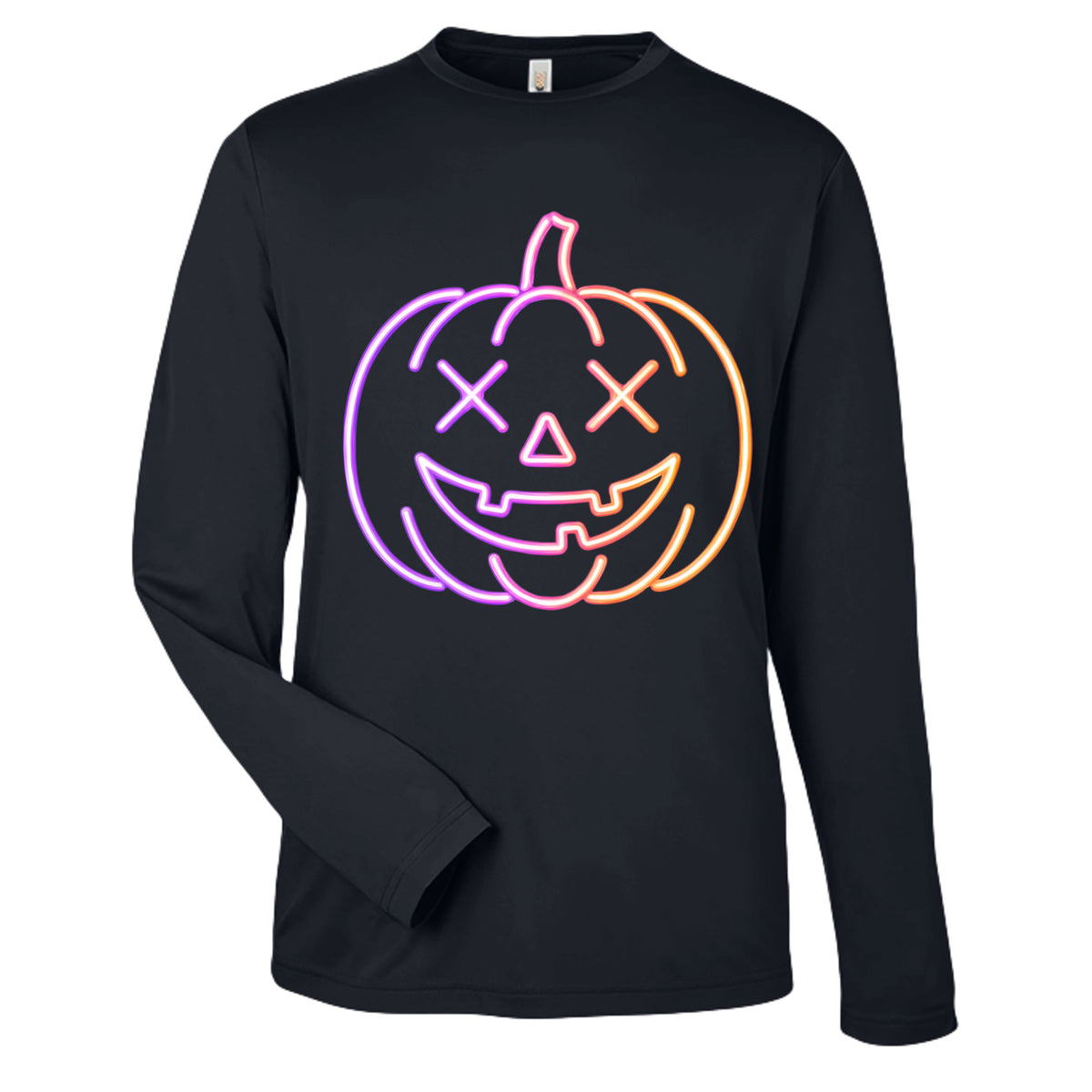 Neon glowing jack-o-lantern face with X-shaped eyes, purple and orange gradient outline on black t-shirt
