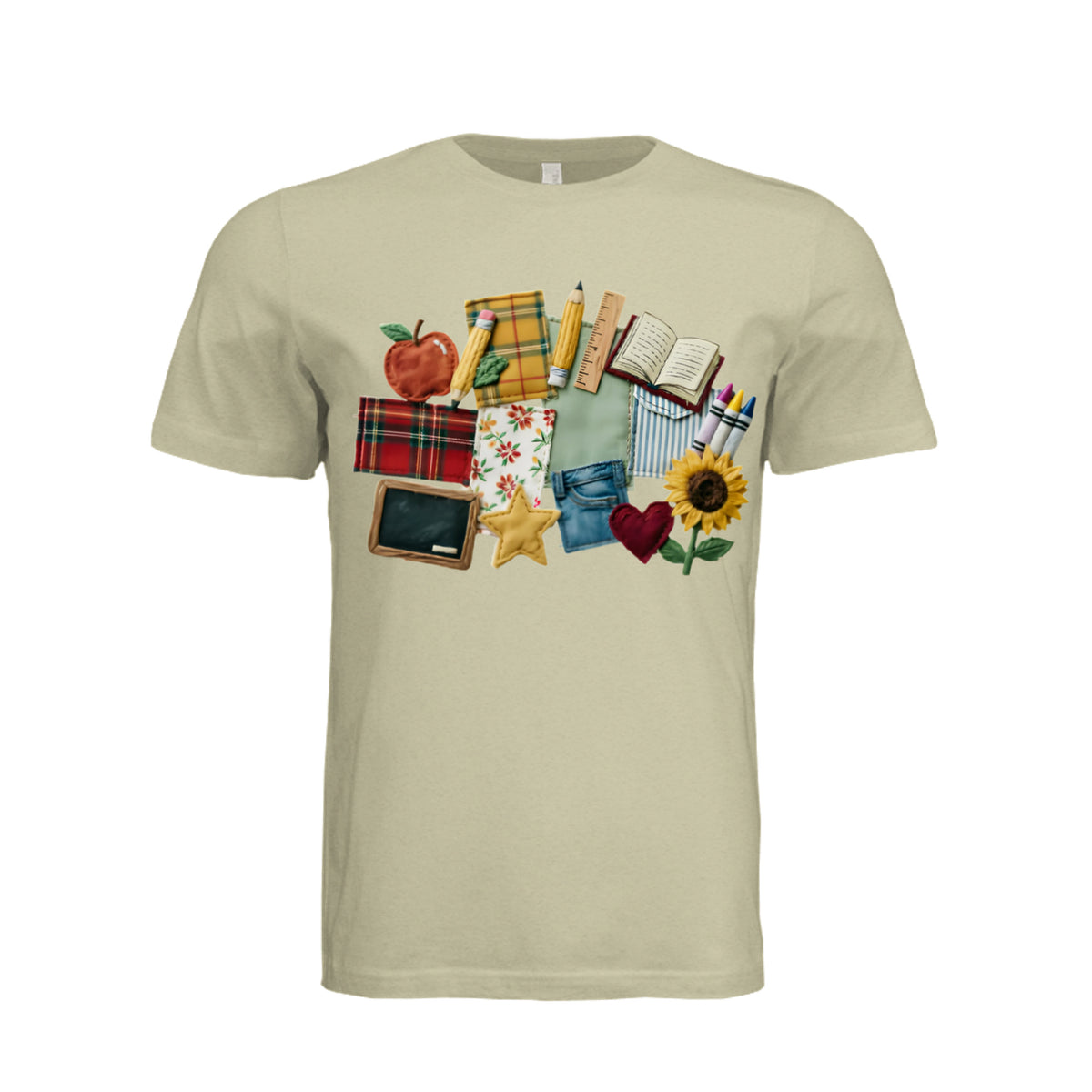 Back to school patchwork t-shirt with apple, books, ruler, chalkboard, sunflower and crayons design - front viewndm:1142048