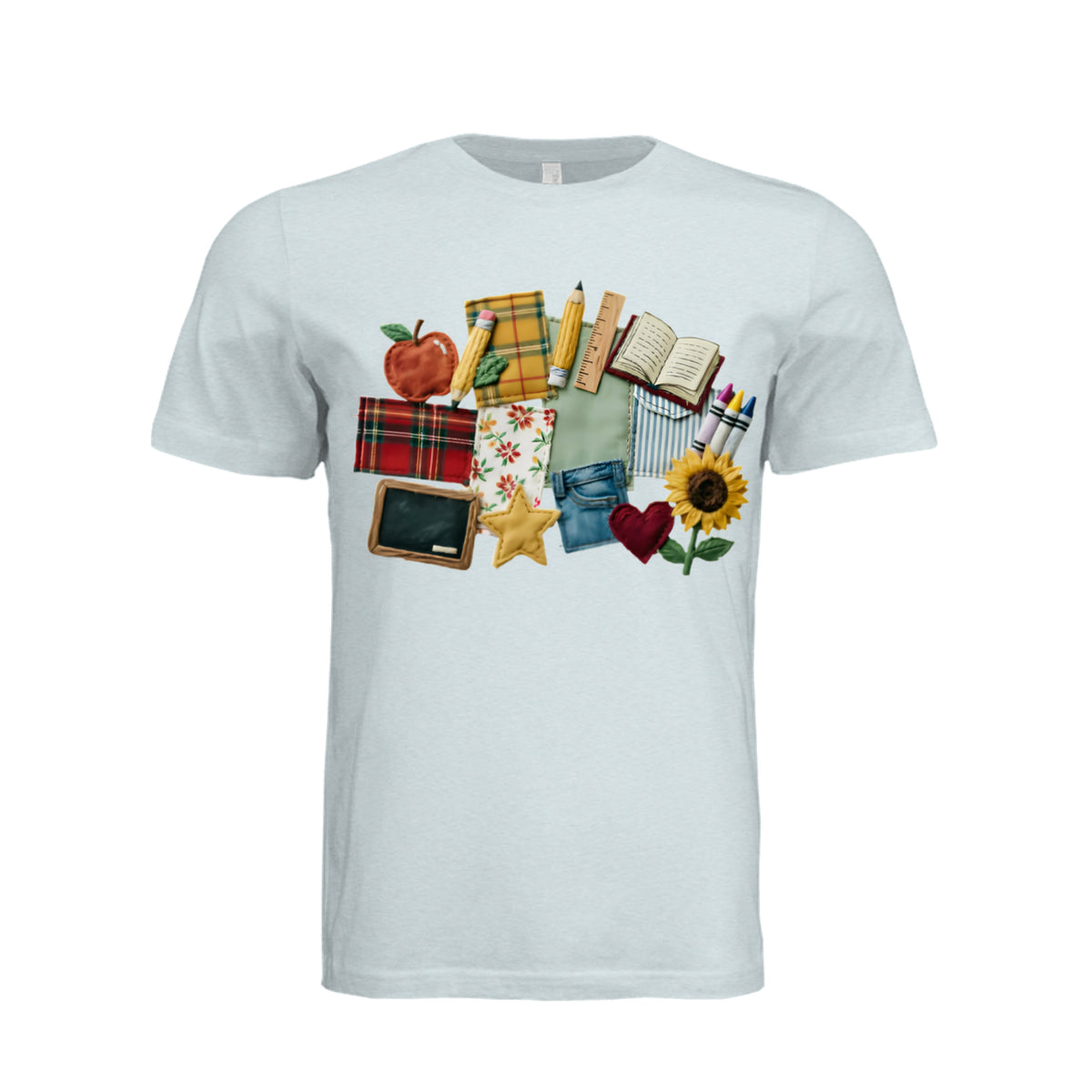 Back to school patchwork t-shirt with apple, books, ruler, chalkboard, sunflower and crayons design - front view ndm:1142042