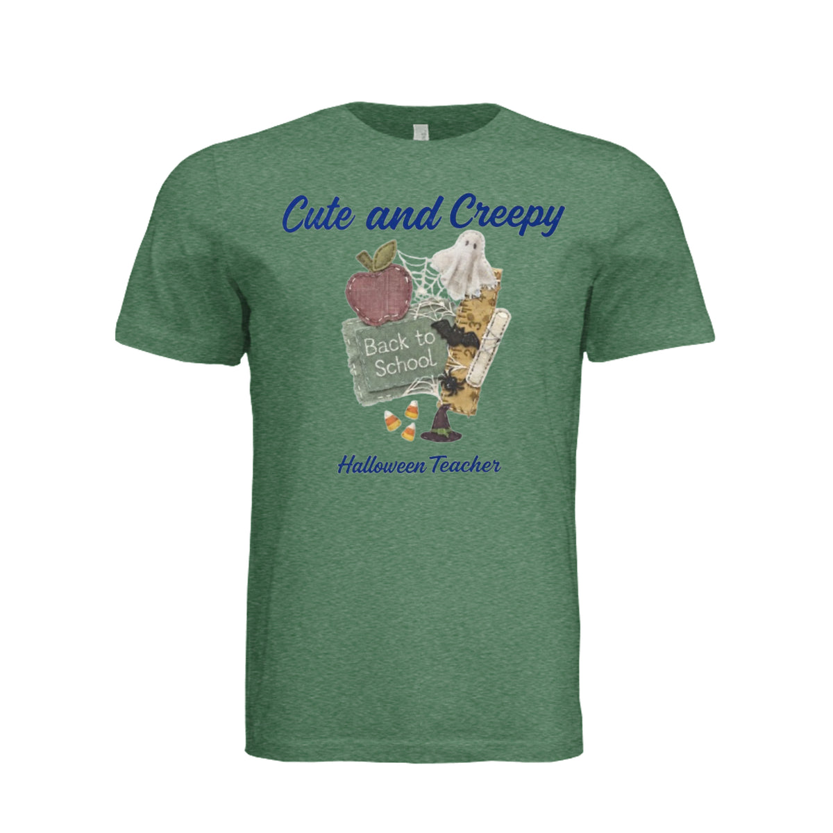 Grass Green"Cute and Creepy Halloween Teacher t-shirt with fabric collage design of apple, chalkboard, and candy corn, back to school theme"