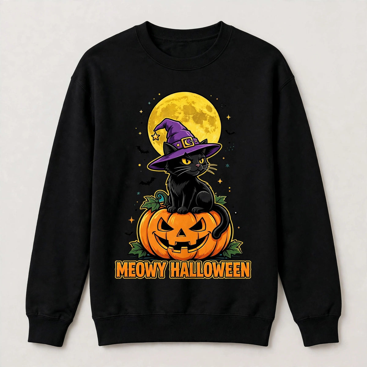 Meowy Halloween Cat Sweatshirt - Witch Cat on Pumpkin Graphic Sweatshirt