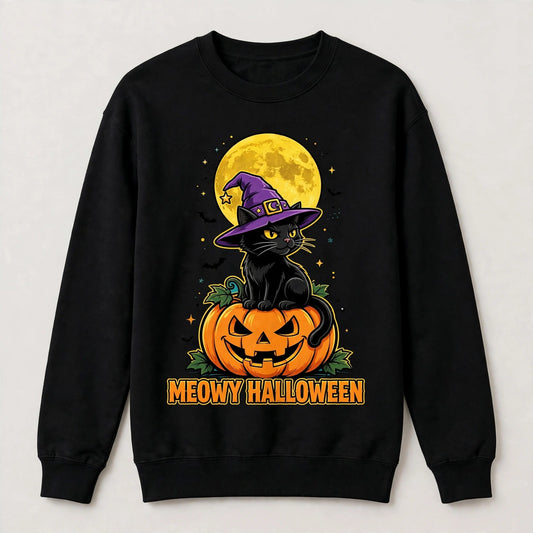 Meowy Halloween Cat Sweatshirt - Witch Cat on Pumpkin Graphic Sweatshirt