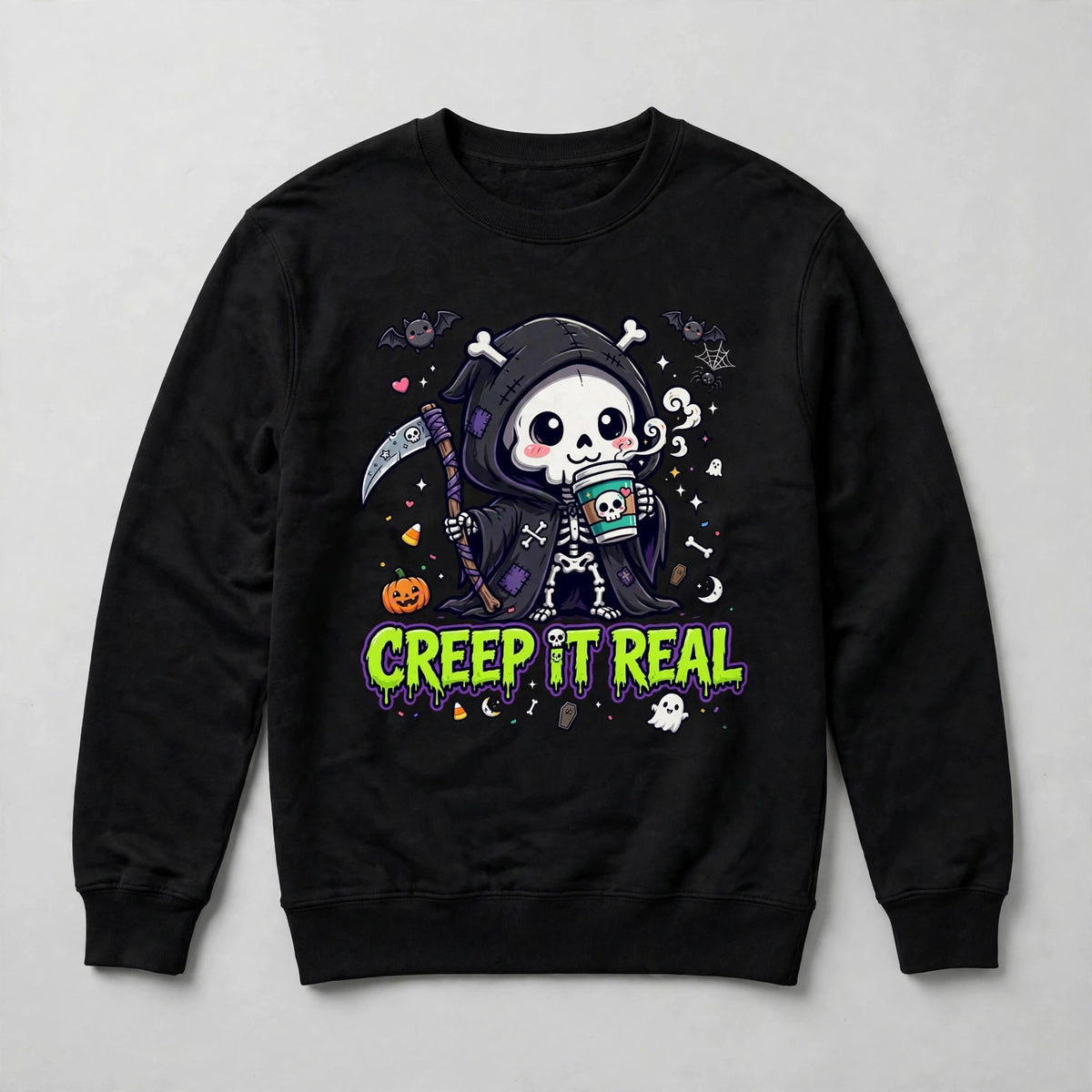 Creep It Real Sweatshirt - Cute Grim Reaper Coffee Halloween Sweatshirt