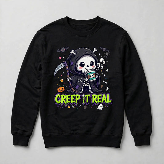 Creep It Real Sweatshirt - Cute Grim Reaper Coffee Halloween Sweatshirt